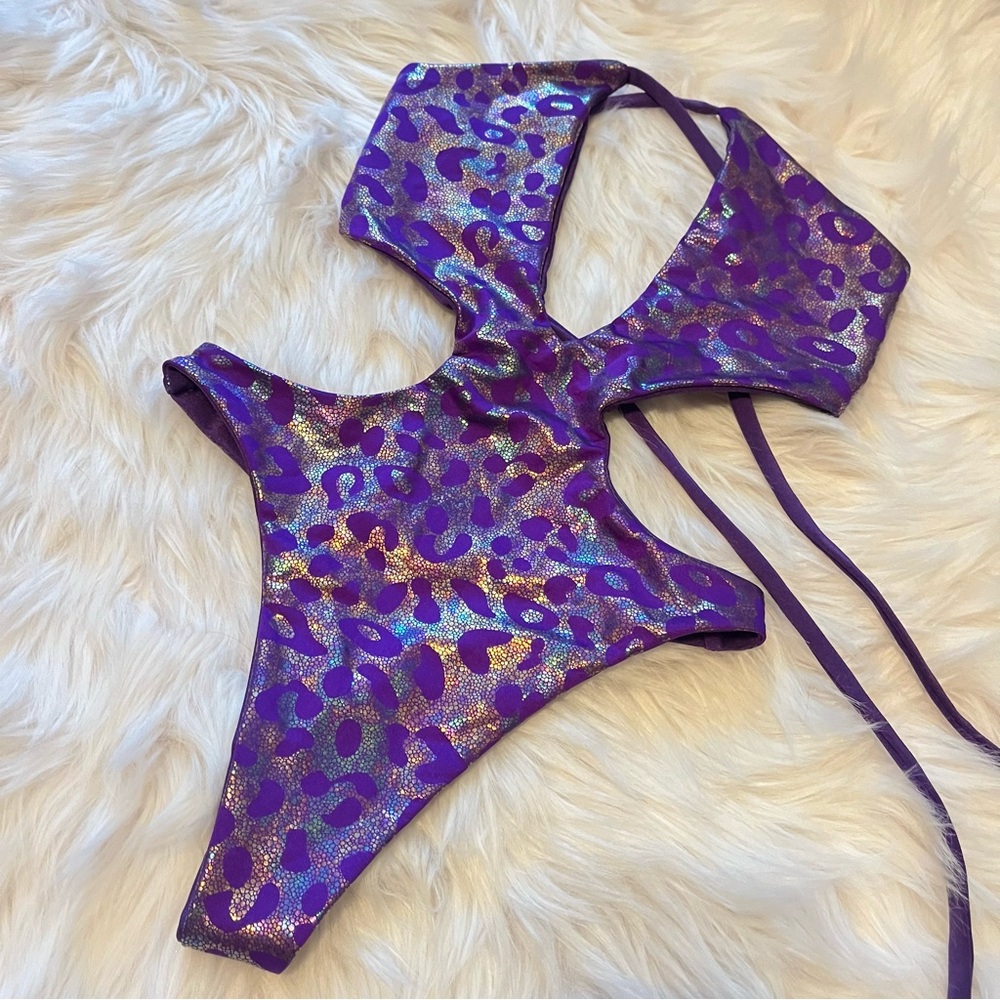 Demon Bikini Handmade Small Purple Shiny Leopard Print One Piece Thong Swimsuit